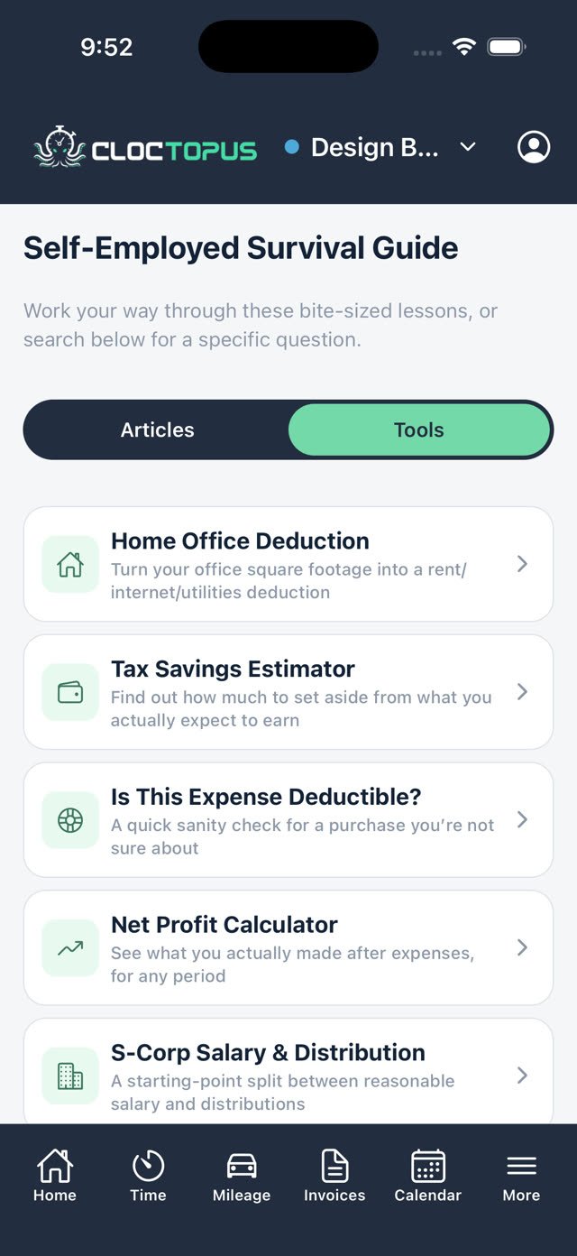 Tools screen in Cloctopus, showing built-in calculators for contractors